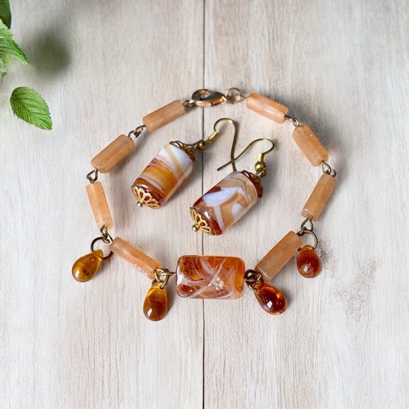 Handmade Peach Orange Marble Glass Citrine Bracelet and Pierced Dangly Earrings. - Picture 2 of 4